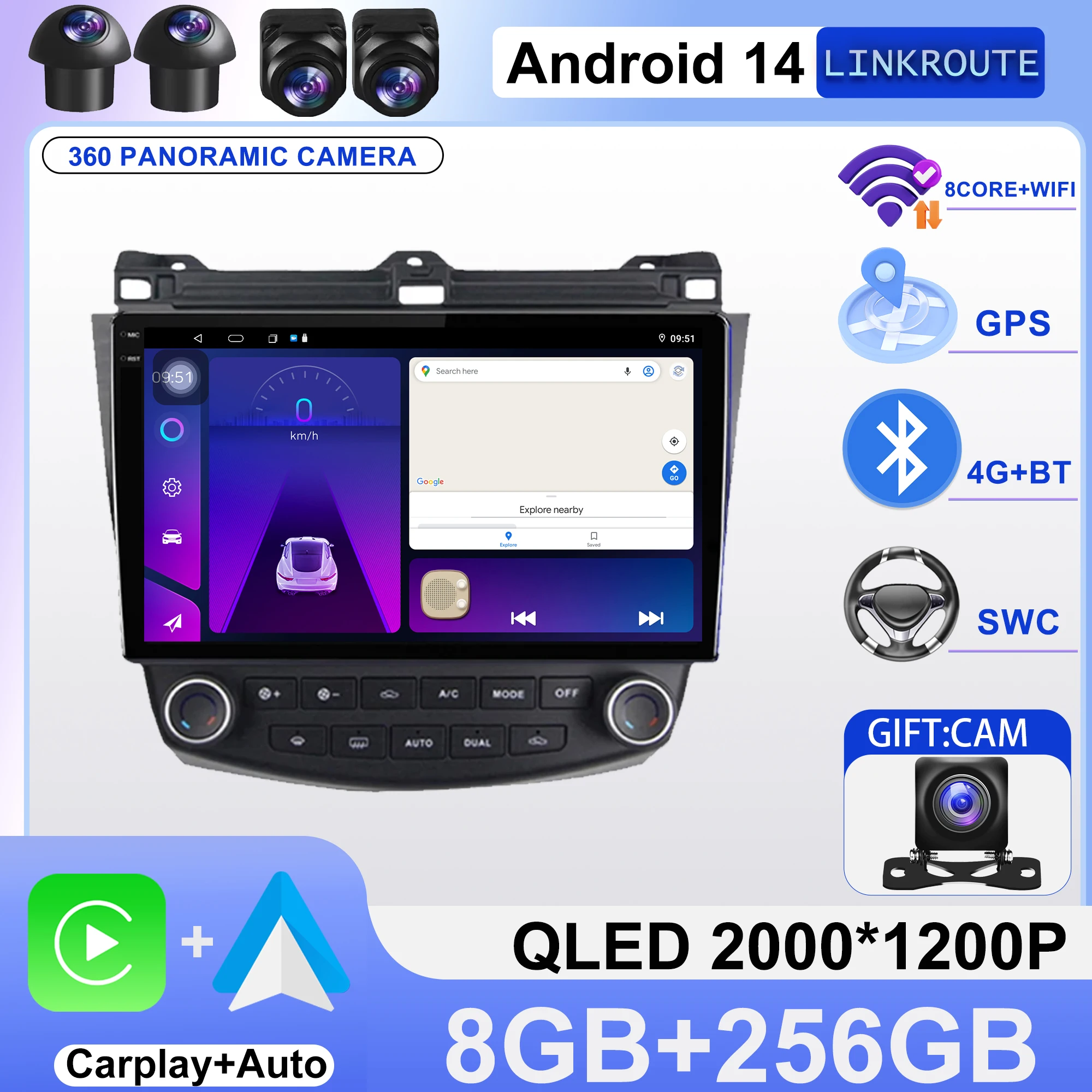 

Android 14 For Honda Accord 7 CM 2003 - 2008 high-performance CPU 5G wifi BT Car radio stereo Multimedia player Carplay QLED DSP