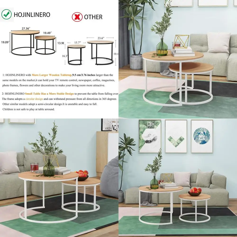 

Large White and Teak Wood Nesting Coffee Table Set for Living Room and Office, Ideal for Small Spaces, Sturdy and Easy Assembly