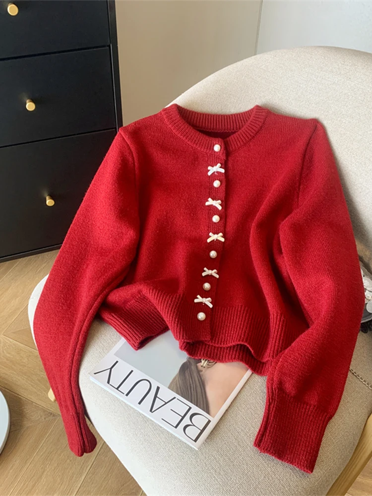 Women's Red Cardigan Christmas Sweater Harajuku Vintage Aesthetic Korean Y2k Long Sleeves Cashmere Sweaters Jumper 2000s Clothes