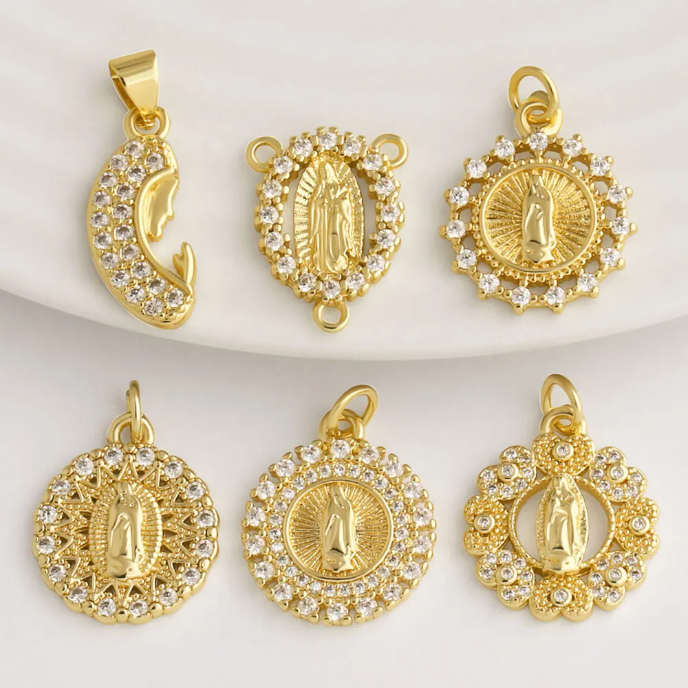 OCESRIO Crystal Virgin Mary Crescent Moon Charm Copper Gold Plated Religious Guadalupe Pendant for DIY Jewelry Making chma652