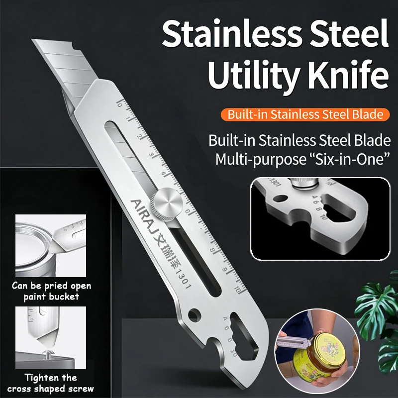 1/2pcs Industrial Grade 6 In1 Multifunctional Stainless Steel Retractable Utility Knife Wallpaper Cutter Office Cutting Tool