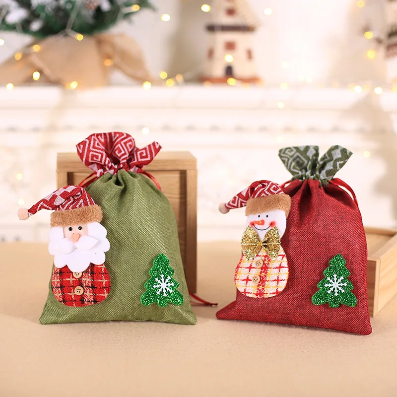 2025 New Christmas Large Candy Gift Big Bag Cute Christmas Linen Tote Bag Lattice Side Drawstring Pocket Gift For Children