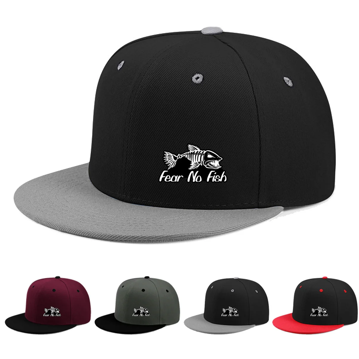 2D Flat, Abulun FEAR NO FISH Trucker Hat- Adjustable Flat Bill  Cap, Hip Hop Style, Lightweight Polyester, Black with White Fish