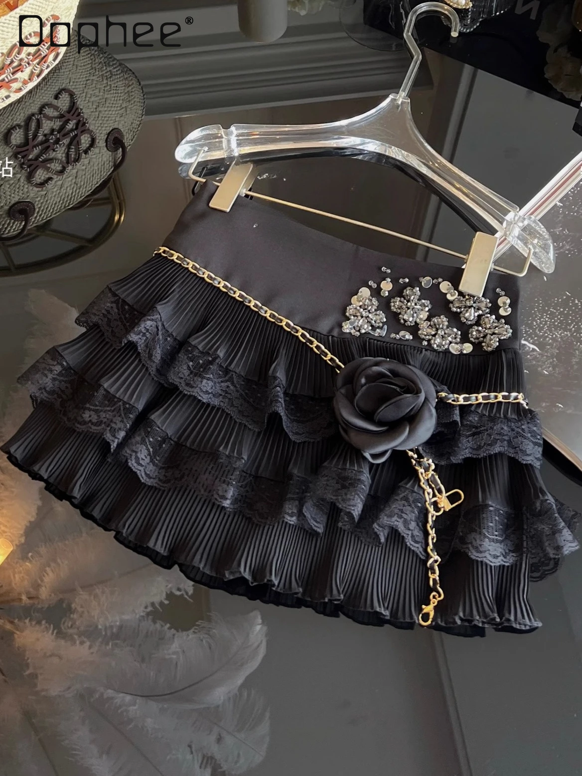 

Heavy Industry Beaded Rhinestone Black Skirt Women Summer High Waist Slim Splicing Lace Splicing Mini Skirt Sweet Cake Skirts
