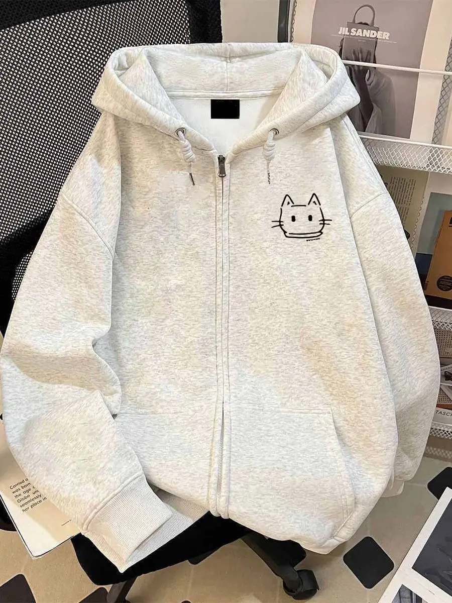 Japanese  Print Hooded Open Cardigan Sweatshirt Women's Autumn Winter Fleece Loose Versatile Zipper Jacket Lazy Style