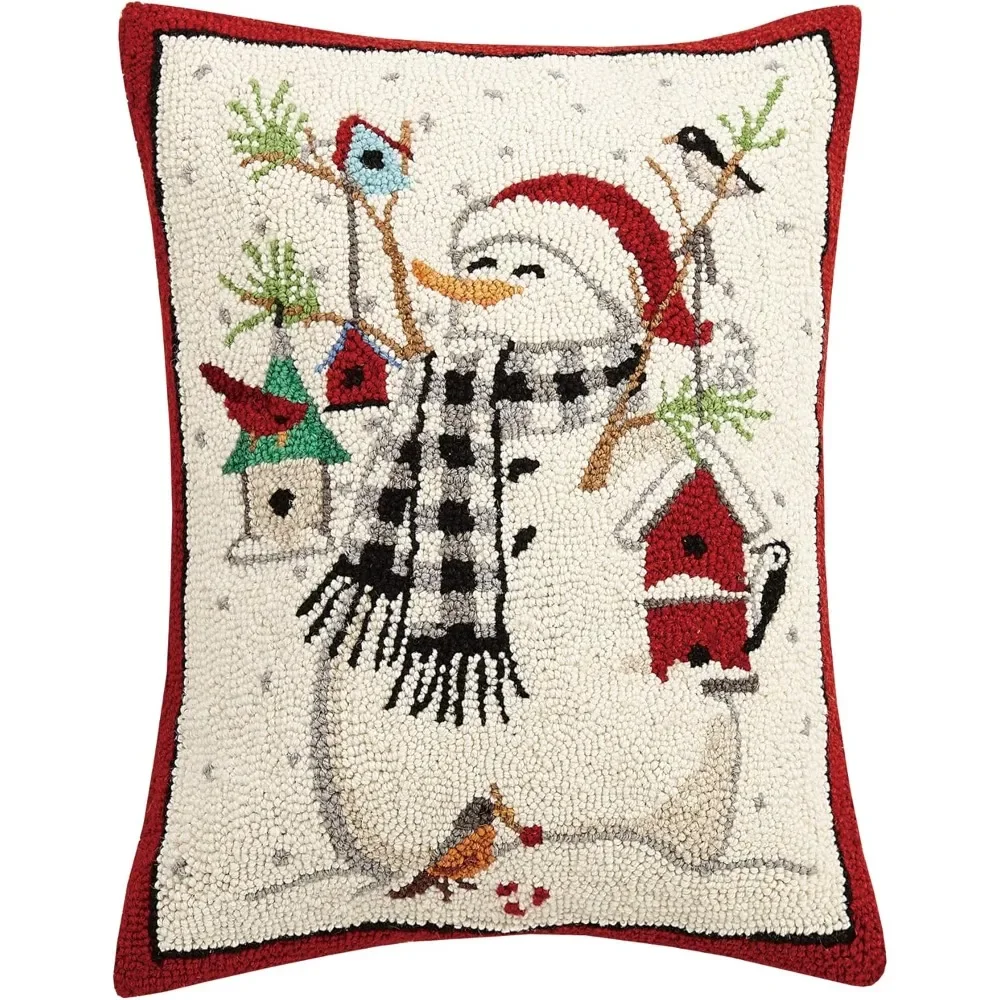 Snowman with Birds Holiday Hook Pillow - 20-inch Wool and Cotton Decorative Accent