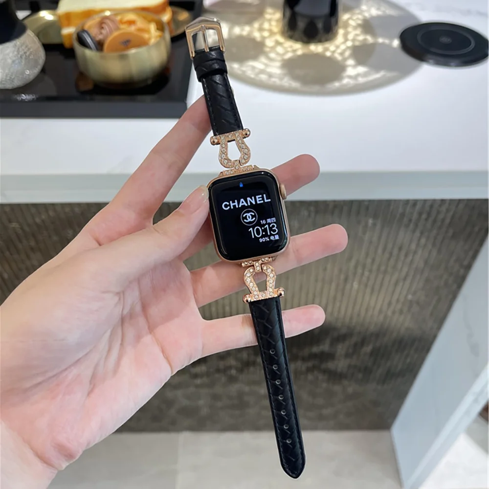 U نوع المنسوجة نمط سبائك الزنك + جلد طبيعي ساعة ل Iwatch الترا 8 7 49 مللي متر 45 مللي متر لامعة حجر الراين حزام ل أبل 41 مللي متر
