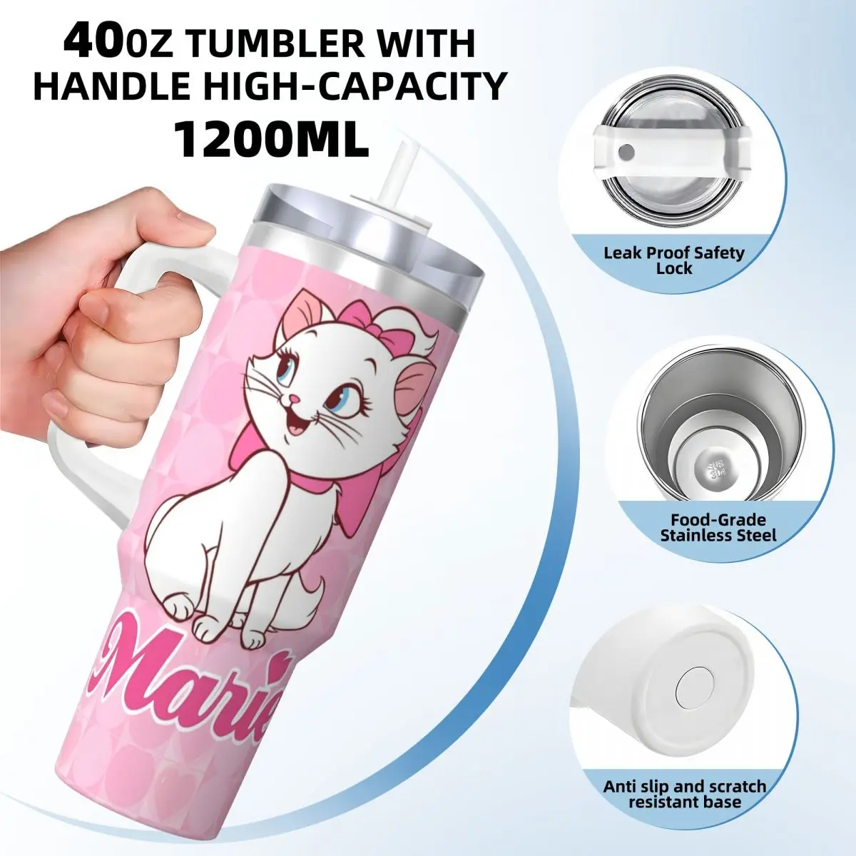 Stainless Steel Tumbler Cartoon Pink Marie Cat Car Mugs With Straws Kawaii Cold and Hot Water Bottle Keep Heat 40oz Thermal Mug