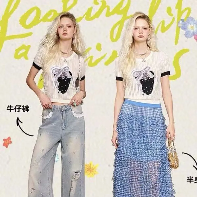 2025 verão camisola de malha fina topos feminino morango bordado manga curta camisetas elegantes moda senhoras malhas