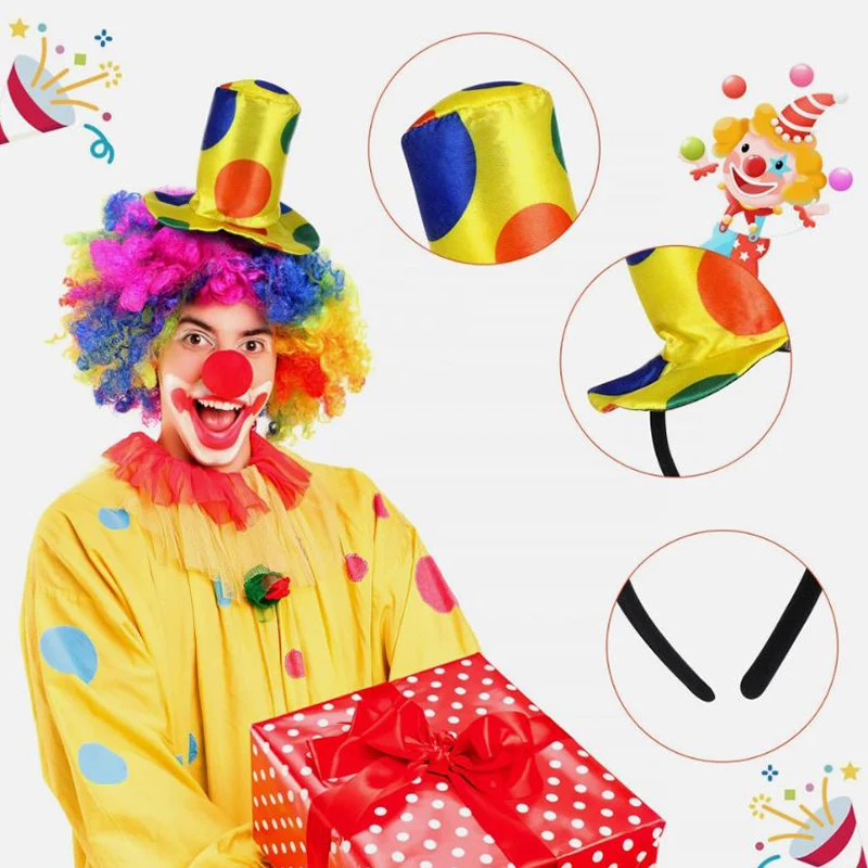 الملونة مهرج غطاء الرأس الأصفر النقاط الملونة القوس أغطية الرأس السيرك أداء الدعائم مضحك جوكر القبعات ماكياج زينة الحفلات