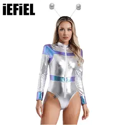 Womens Space Astronaut Cosplay Bodysuit with Alien Hair Hoop Long Sleeve Bodycon Metallic Shiny Jumpsuit Halloween Costume