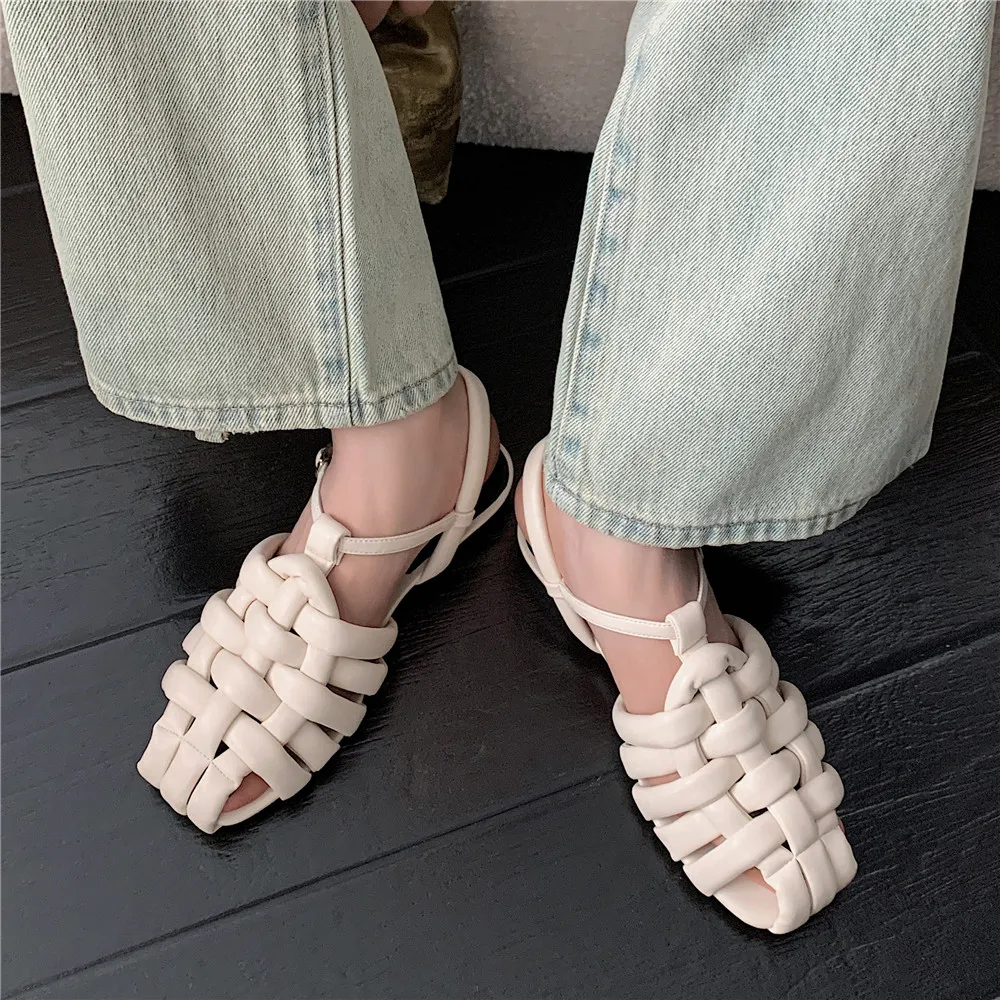 Aucegi New Summer Women Woven Slingbacks Sandals Quality Leather Square Toe Flats Heel Buckle Strap Handmade Dress Casual Shoes