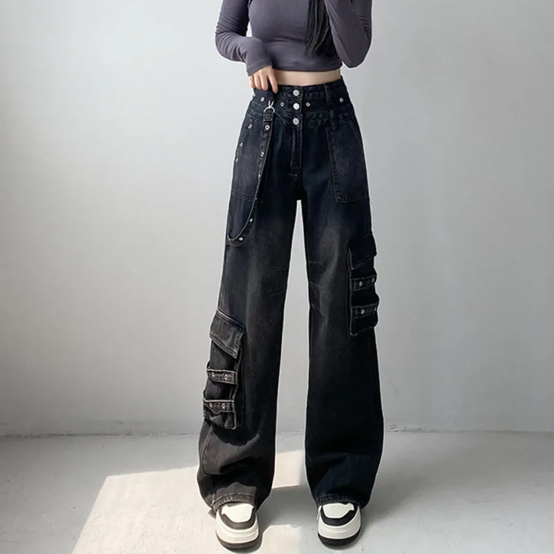 #2204 False Two Piece High Waisted Vintage Denim Jeans Women Side Pockets Loose Wide Leg Long Jeans Female Straight Streetwear