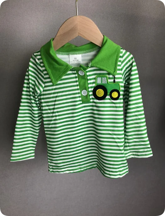 

new rts baby boys new green striped long sleeve tops wholesale boutique hot selling embroidered tractor pattern boys shirts