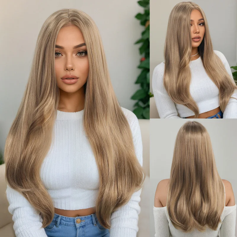 

European American style women's wig, middle-parted gradient long curly hair, trendy and fashionable high-temperature synthet