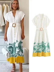 TRAF Fashion 2024 Women Printed Shirt Long Dress With Belt Elegant Lapel Single Breasted Midi Dress Vintage Causal Beach Dress