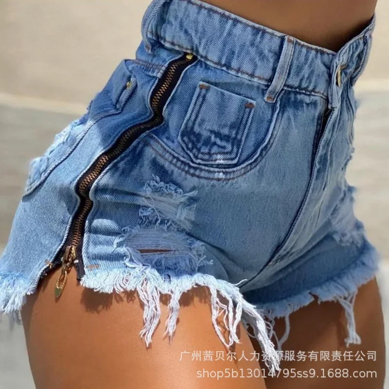 Side Zipper Raw Hem Denim Shorts Women Shorts Jeans High Waist Short Pants Y2k Pockets E-girl Beach Slim Fit Summer New 2023