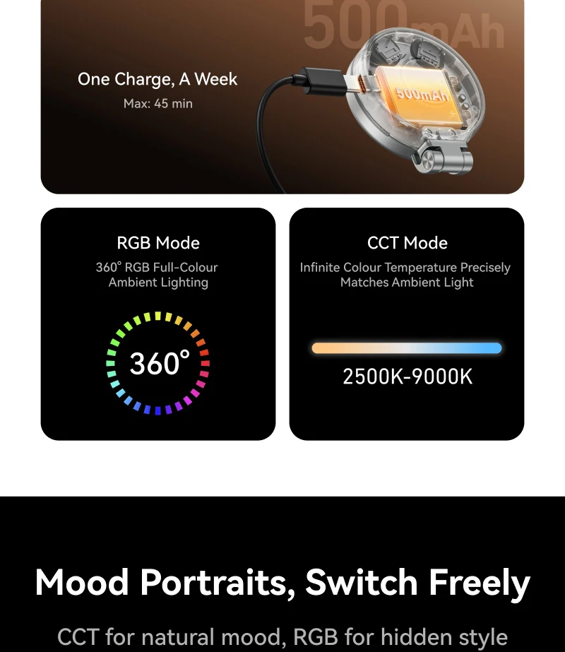 TELESIN Magnetisch 360° ° Rotierendes RGB-Füllicht Mini-Selfie-Licht 3 Modi Einstellbare Farbe und Helligkeit für Smartphone iPhone Android – Detail 3