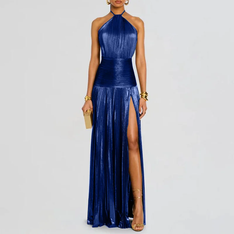 Ouro sexy halter alta divisão vestidos de noite mulher chique sólido oco plissado vestido longo primavera verão sem costas zip maxi vestido