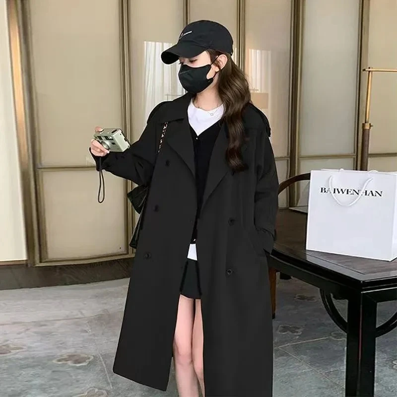 

2025 Spring Autumn New Windbreaker Coat Women's Fashion Slim Temperament With Belt Long Coats Female Solid Windbreaker Overcoat