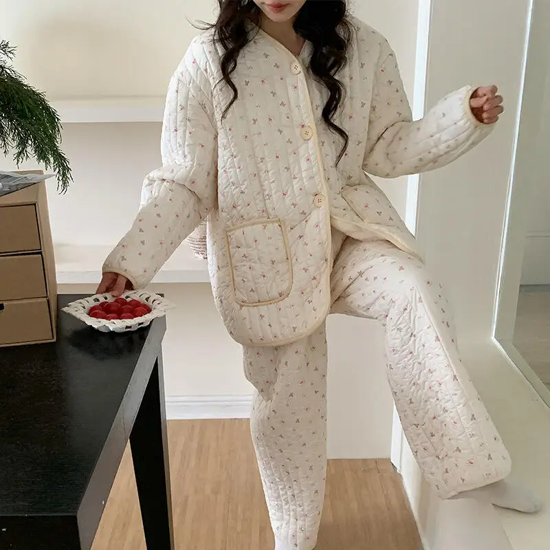 

Утолщенные пижамы, комплект домашней одежды, осенне-зимняя женская куртка на хлопковой подкладке, сохраняющая тепло, женская новая стильная ночная рубашка с карманами, пижама