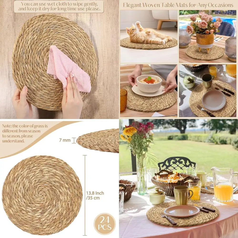 

13.8 Natural Round Woven Placemats, 24-Pack, Handcrafted Boho Rattan Mats for Rustic Farmhouse Dining & Decor
