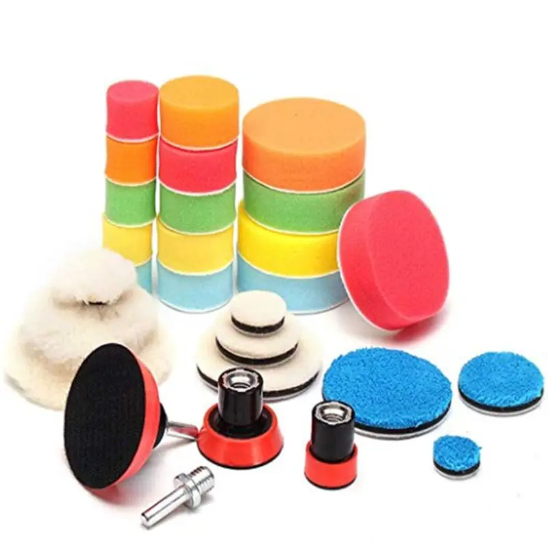 29PCS/Set 1 2 3 inch Auto Car Polishing Buffing Pads Set Waxing Sponge Wheel Cleaning Wool Backing Plates, M14 Drill Adapter