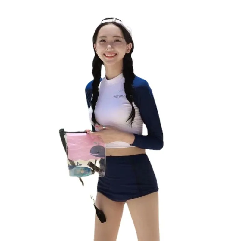 2025 New Korean Style Women's Two-Piece - Modest UV Protection Long Sleeve High-Waisted Tummy-Control Triangle Bottoms