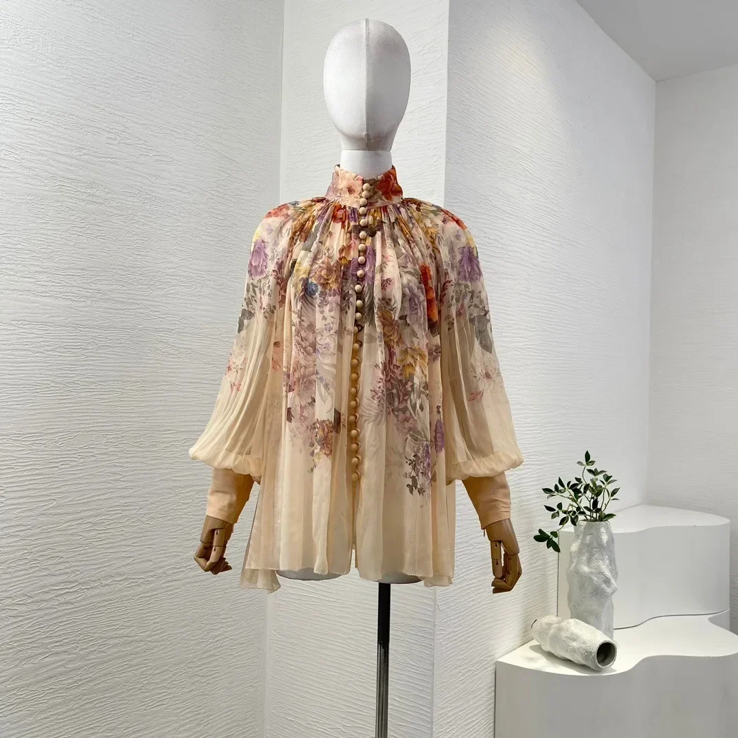 

2024 New Beige Vintage Floral Print Long Sleeve Turtleneck Folds Women High Quality Ruched Blouse