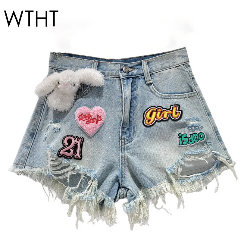 

WTHT New Fashion Women's Letter Patchwork Burr Edge Denim Shorts 2025 Summer Trendy High Waist A-line Short Pants Female 1LS2015