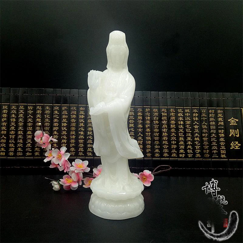 HOT SALE-HOME TOP efficacious Talisman Mascot Guanyin the Buddha Bless FENG SHUI White jade Hand engraving Sculpture statue 29CM