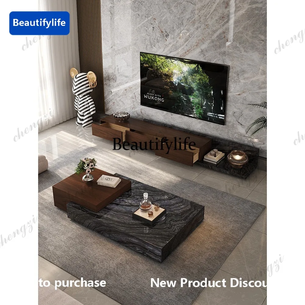PP Living room coffee table marble rectangular retractable high-end Kali ice jade natural luxury stone coffee table