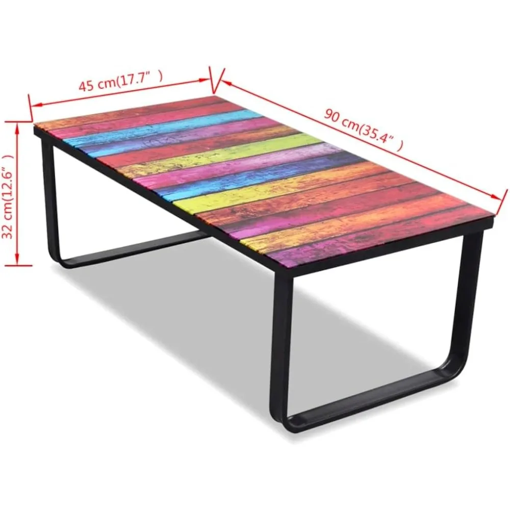 Modern Coffee Table with Rainbow Printing Glass Top - Rectangular, Black Iron Frame, Tempered Glass, Industrial Style, Living R