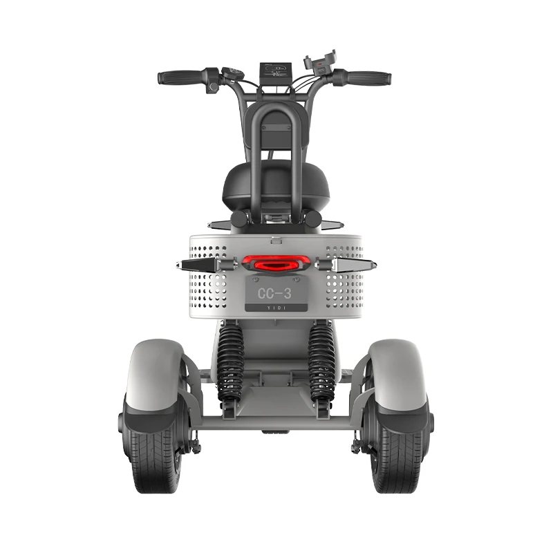 Electric tricycle - a small,compact, women's household mini vehicle for short trips with pets and dogs. Battery-powered vehicle.