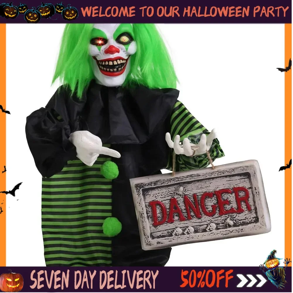 

Halloween Talking Shaking Mini Clown with Light-Up Eyes and Danger Sign Animatronic for Battery Operated Scary Indoor or Covered