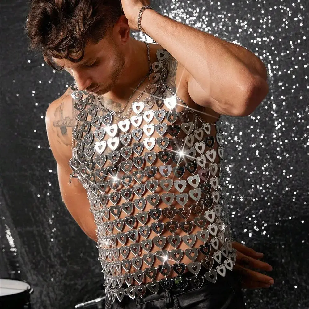

Мужская одежда для выступлений на сцене: сексуальный акриловый жилет в форме сердца с зеркальным эффектом, в стиле пэчворк, для европейских и американских ночных клубов