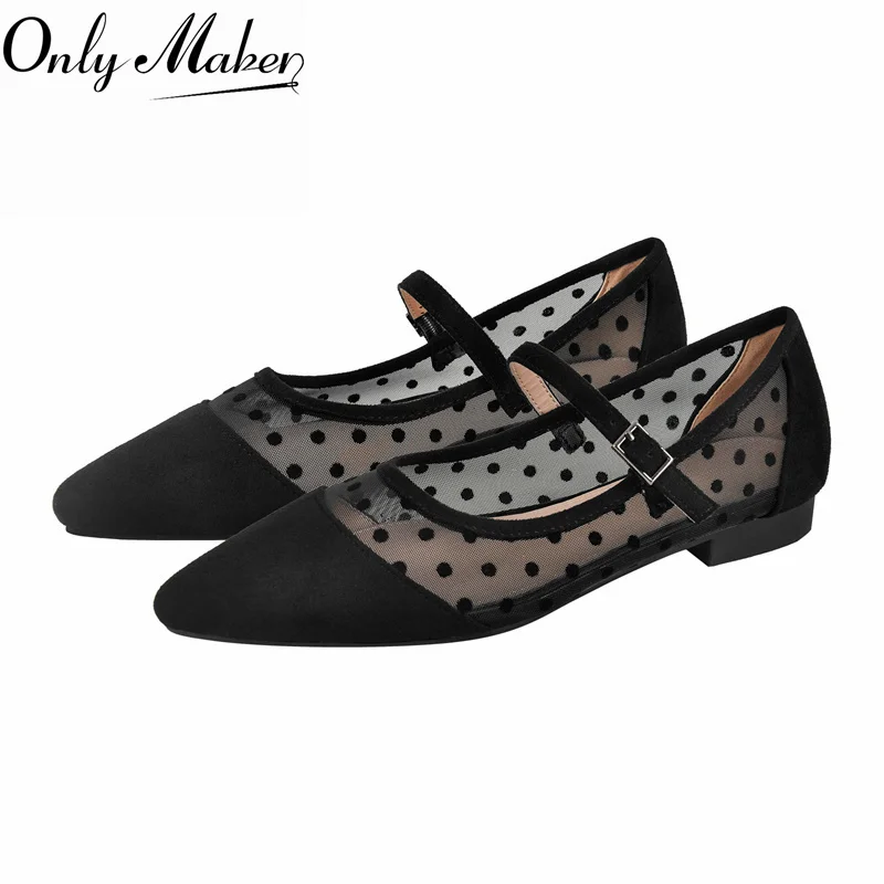 Onlymaker Black Pointed Toe Polka Dot Mesh Mary Jane Flats  Spliced Patchwork  Buckle Strap Low Heel Daily Casual Shoes