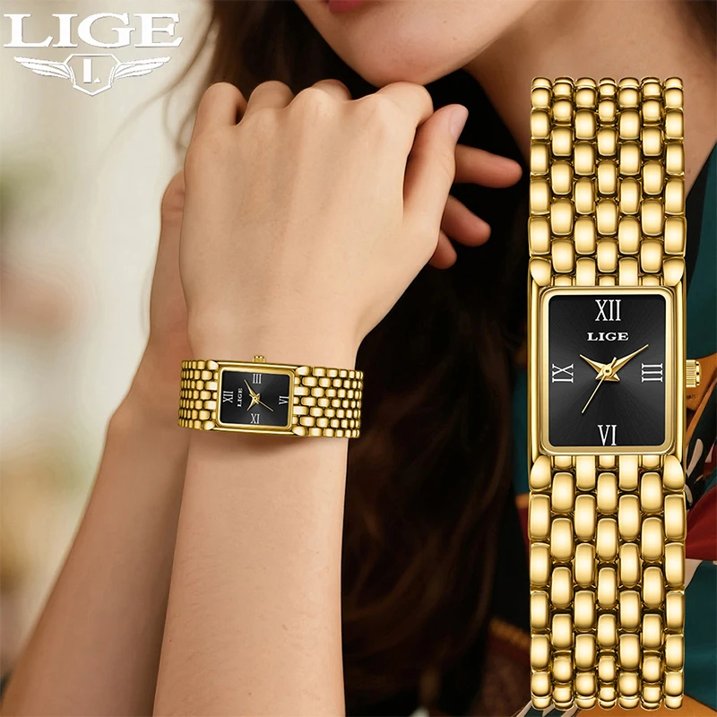 

LIGE Luxury Watch Women Square Waterproof Luminous Ladies Quartz Wristwatches Stainless Steel Women Gold Watches Reloj Mujer