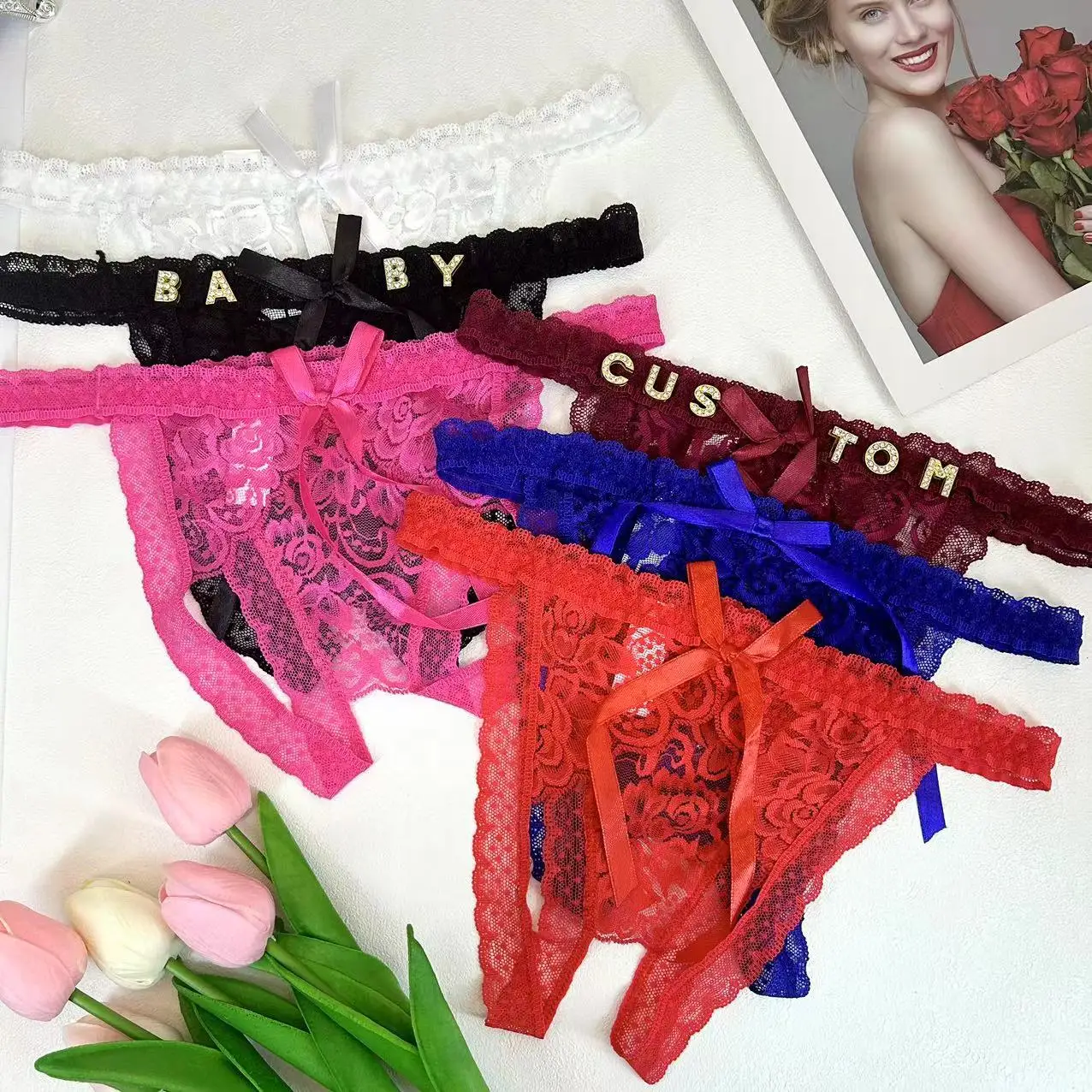 Name Lace Panties Custom Thong for Women Personalized Crystal Letter Name Panties OpenCrotch G-string Bowkont Underwear Gift