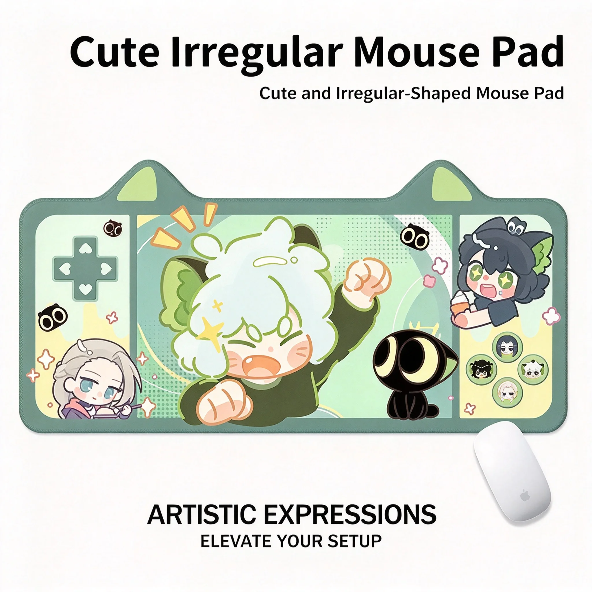 Cute Cat Ear Gaming Mouse Pad Irregular Shape Kawaii Anime Desk Mat Large Extended Non Slip Rubber Waterproof Stitched Edge for