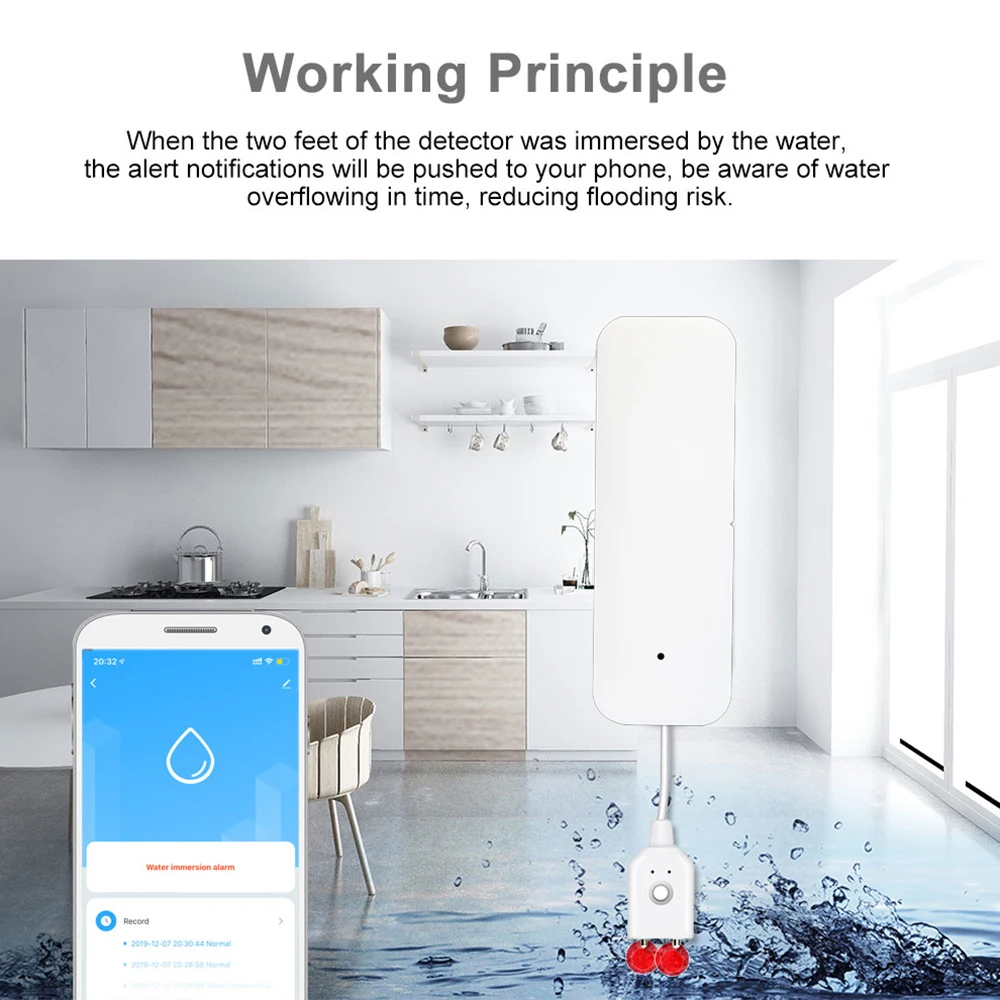 Tuya WiFi Smart Water Leak Sensor Water Overflow Level Detector Security Sound Alarm System Flood Leakage Sensor Remote Monitor