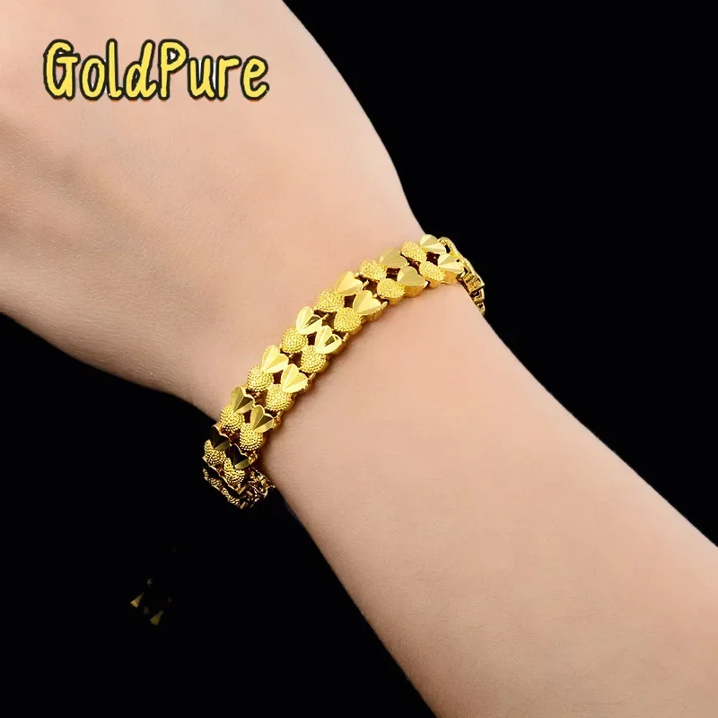 Goldpure Luxury 24K 9999 Pure Gold real gold Women's Double-Row Peach Heart Strap Bracelet