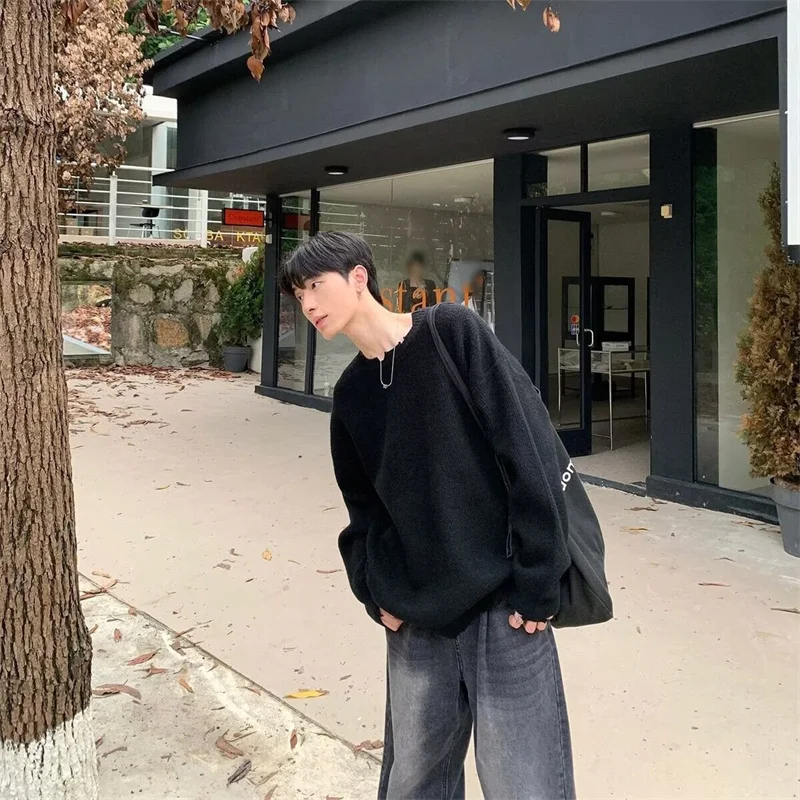 Pull à col rond pour hommes, couleur unie, basique, mode coréenne, chaud, tricoté, High Street, élégant, Y2K, automne