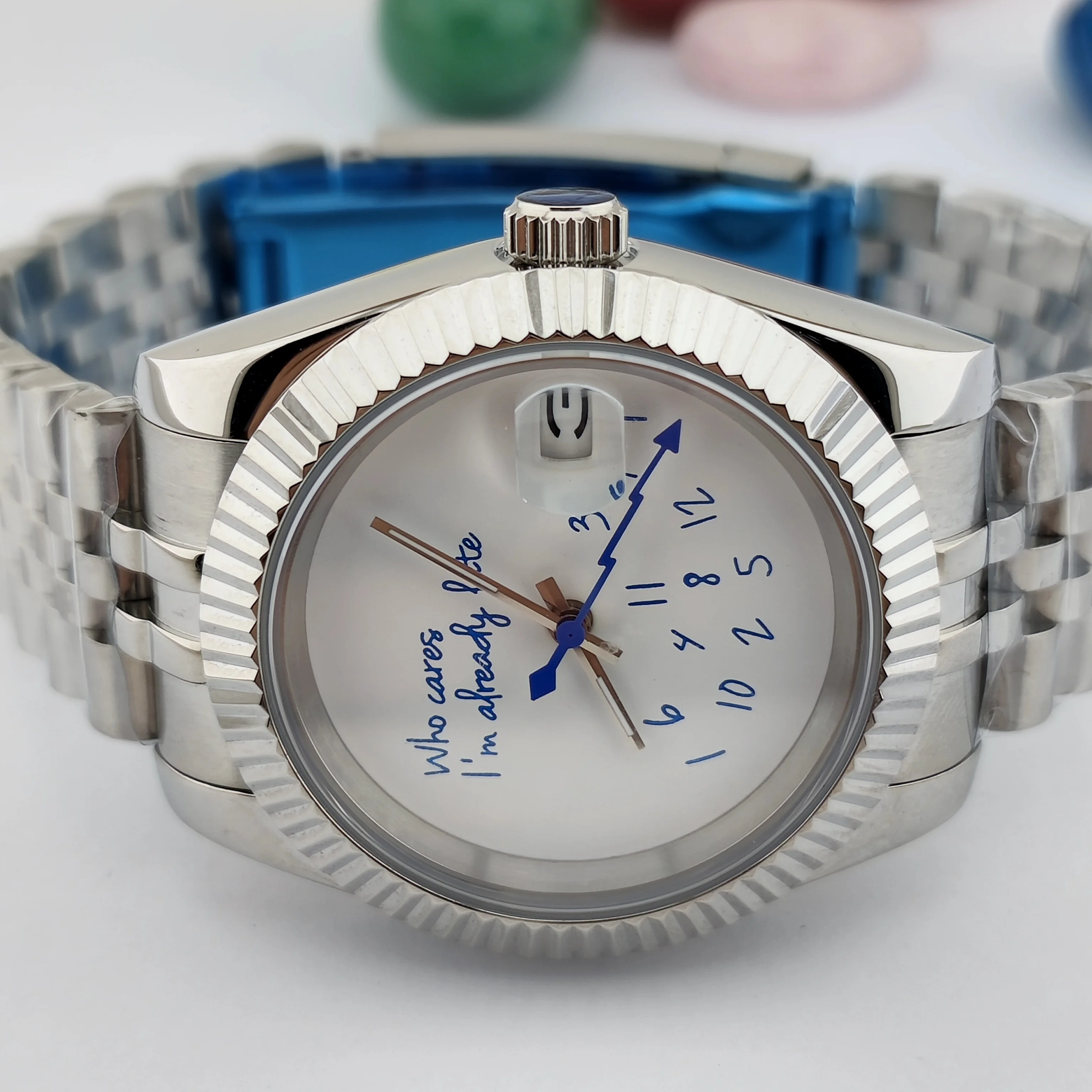 NH35 ساعة من يهتم أنا متأخر بالفعل ساعة 36 مللي متر/39 مللي متر بدون شعار نص أزرق ماتي الهاتفي الياقوت والكريستال والزجاج الحركة التلقائية #2