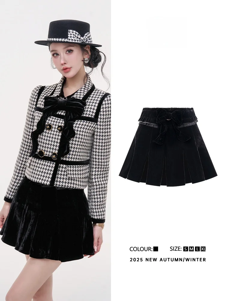 

Ele Velvet A-Line Skirt with Detachable Knot Faionable Ladies f-length Skirt High Waist Polyester Fabric