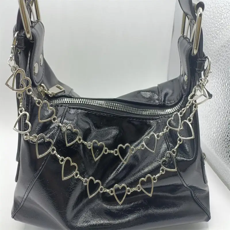 Women's Glossy Black Faux Leather Shoulder Bag Silver Heart Chain Large Capacity for Outdoor Shopping