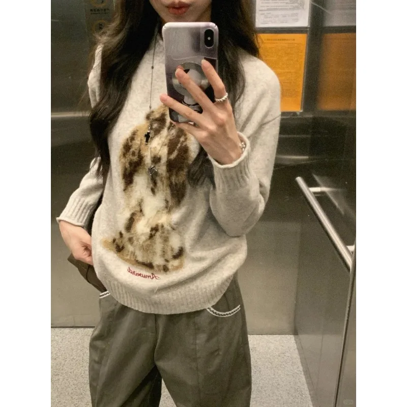Japanese Casual Cute Puppy Jacquard Pattern O Neck Sweater Autumn Winter Retro Y2k Harajuku Loose Knit Sweater Jumpers