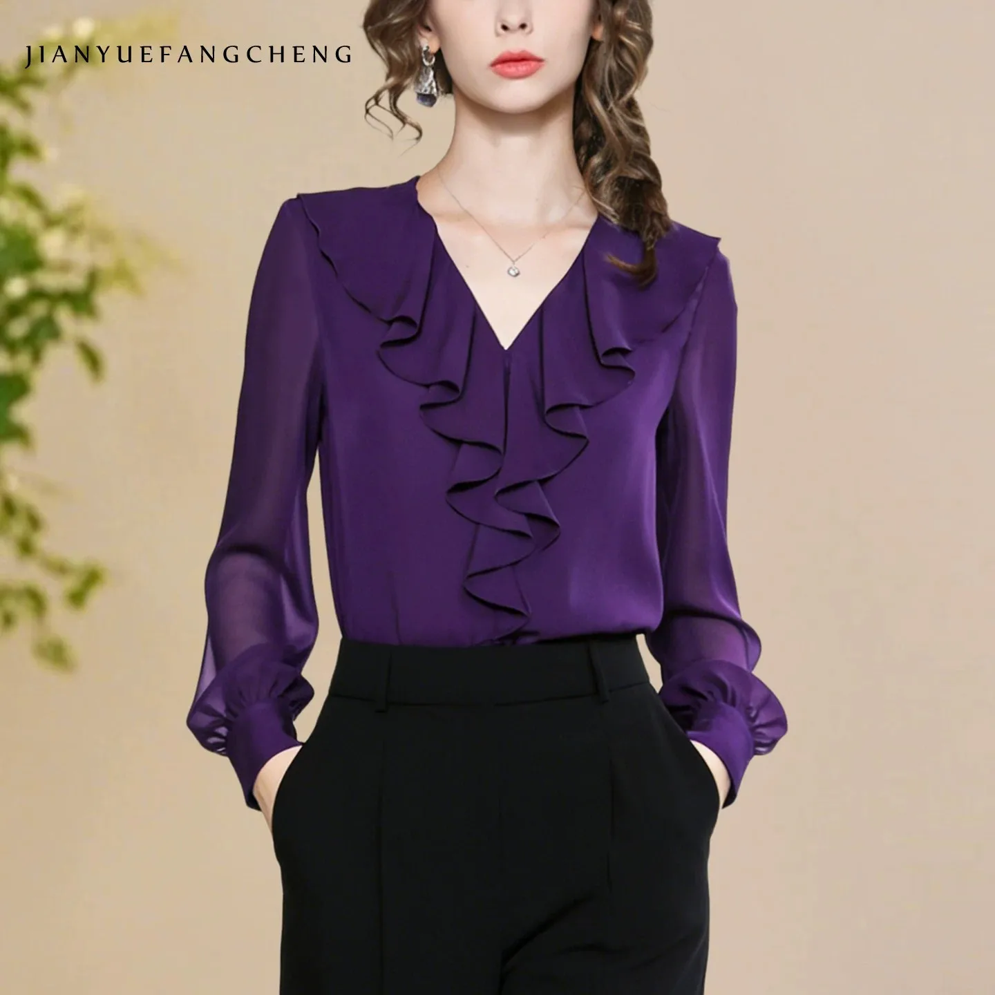 Fashion Women Ruffle Long Sleeve Chiffon Blouse Lightweight V-neck Spring Summer Top Loose-fitting Purple Casual Shirts