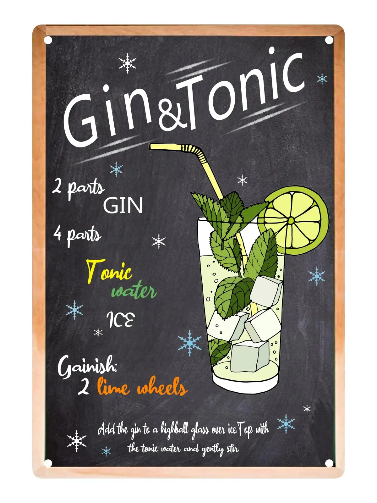 Cocktail Tin Sign, Vintage Cocktail Recipes Sign, Bar Signs for Home Bar Pubs Wall Decor 12X 8 Inch - Gin Tonic