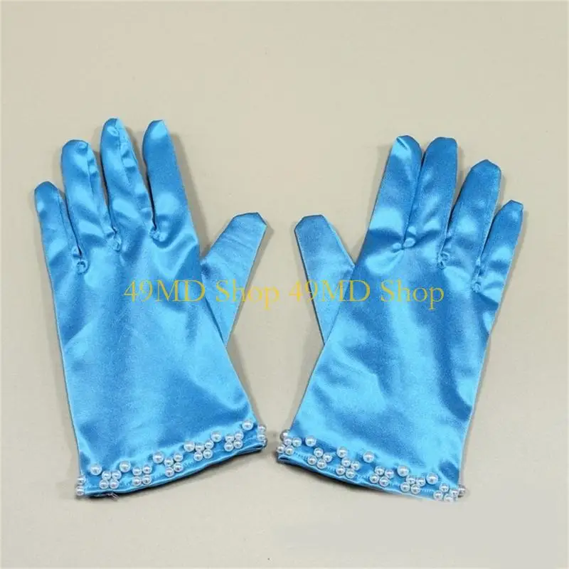 49MD Silky Gloves Evening Galas Gloves with Beaded Trim Short Gloves Wedding Bride Gloves Formal Occasion Stage Props Gloves